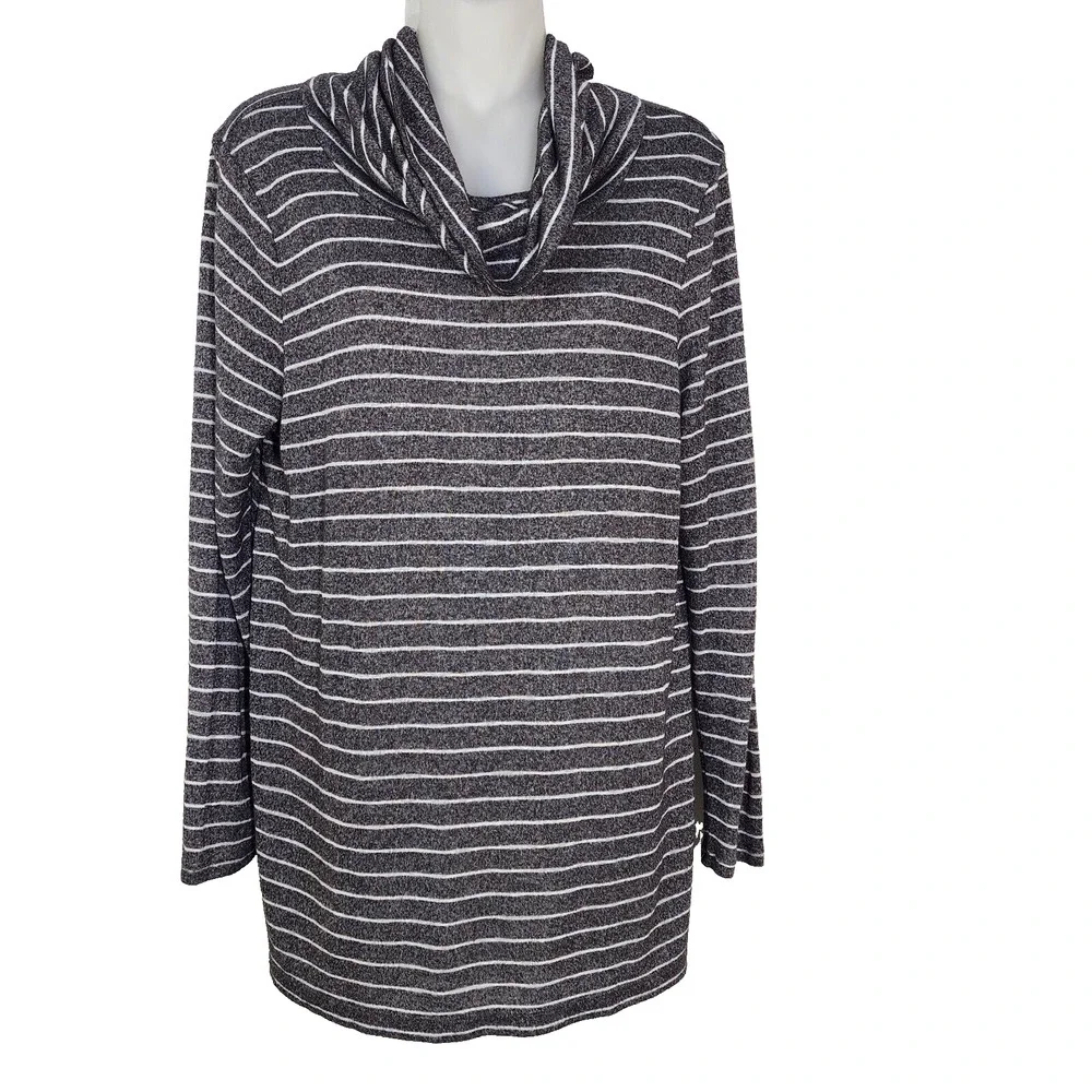 Chicos Tunic Top Womens Size 1 Medium Gray Striped Cowl Neck Long Sleeve Rayon